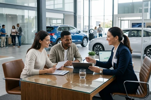 DriveWise lending specialist reviewing a car loan application with a client in a bright modern office